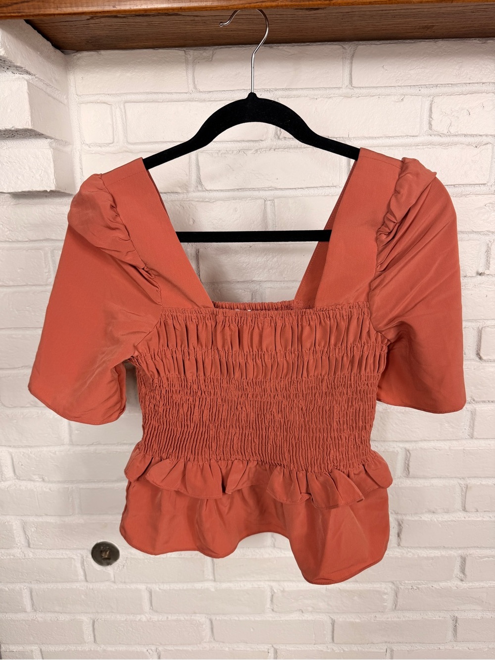 EN‎ CREME Smocked Puff Sleeve Peplum Blouse Rust Terracotta Size Small Boho